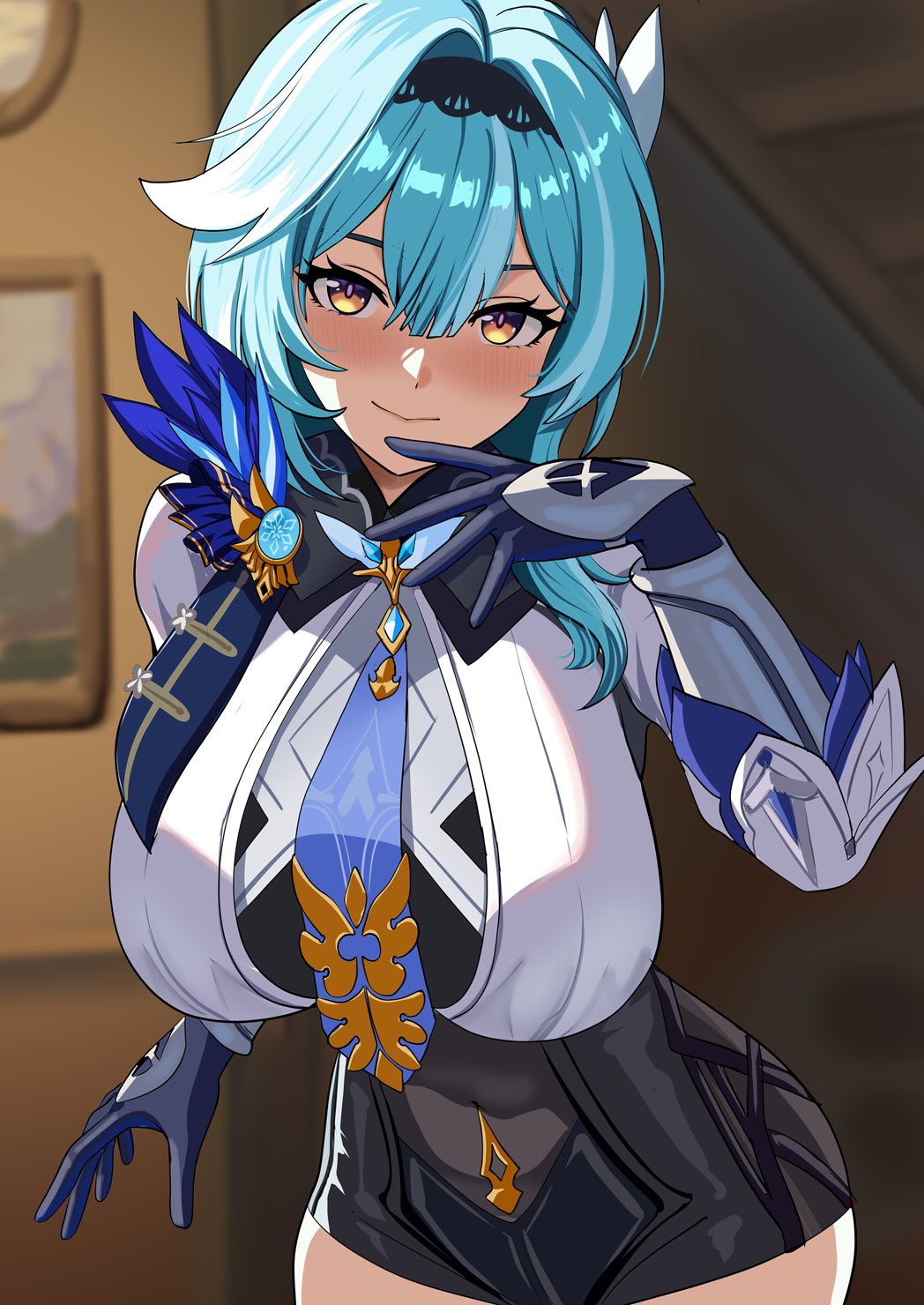 gudakoguda, eula (genshin impact), genshin impact, highres, 1girl, black gloves, black hairband, black shorts, blue hair, blush, breasts, gloves, hair ornament, hairband, high-waist shorts, large breasts, long sleeves, looking at viewer, medium hair, necktie, purple eyes, shirt, shorts, sidelocks, smile, solo, vision (genshin impact), white shirt