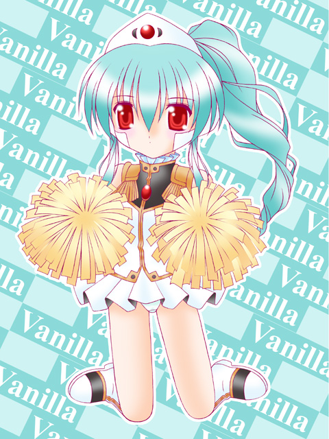 vanilla h, galaxy angel, tagme, 00s, 1girl, artistic error, bad anatomy, bad feet, character name, cheerleader, female focus, green hair, high ponytail, kneeling, long hair, miniskirt, panties, pantyshot, pleated skirt, pom pom (cheerleading), ponytail, red eyes, skirt, solo, underwear