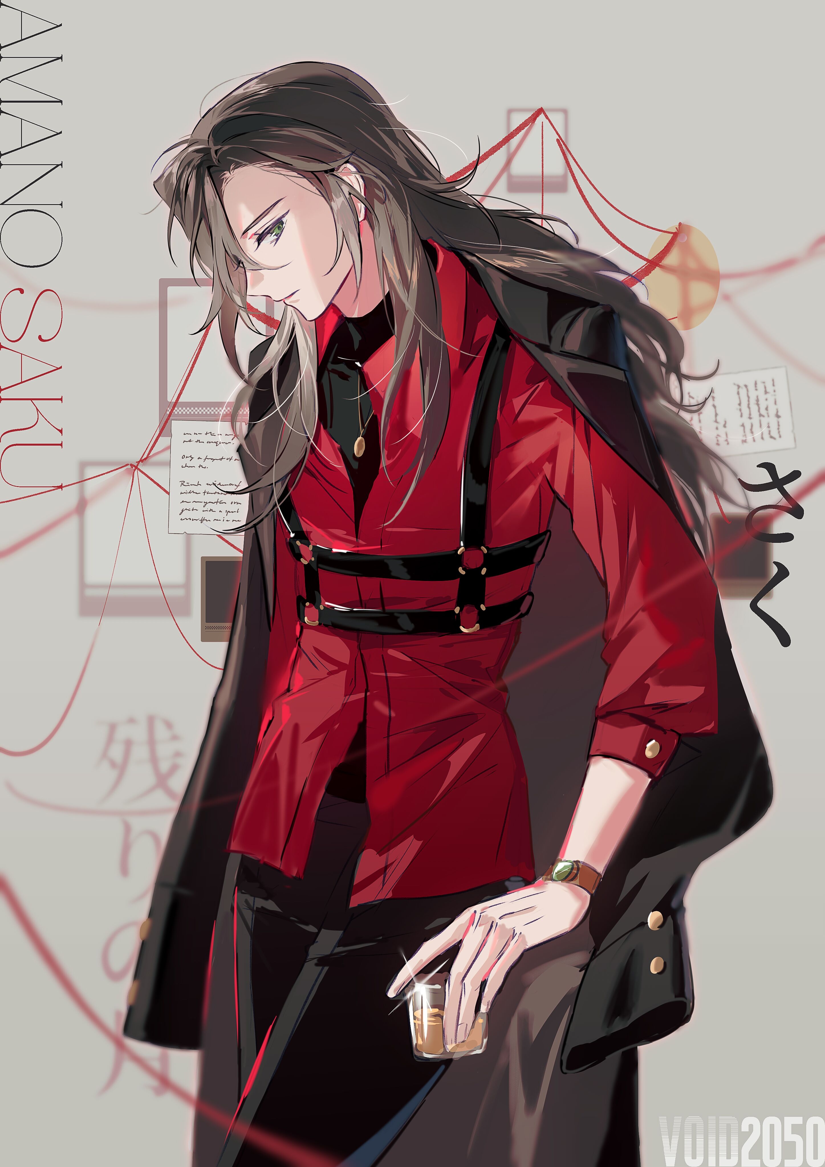 wei huo hu, original, absurdres, chinese commentary, highres, 1boy, black coat, black hair, black pants, black shirt, character name, chest harness, closed mouth, coat, coat on shoulders, collared jacket, cowboy shot, cup, drinking glass, evidence board, expressionless, green eyes, grey background, hair between eyes, harness, holding, holding cup, jacket, jewelry, long hair, long sleeves, male focus, necklace, note, pants, paper, partially unbuttoned, photo (object), profile, red jacket, shirt, side part, sideways glance, standing, string, three-quarter sleeves, turtleneck, turtleneck shirt, watch, wristwatch