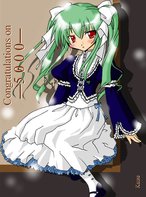 vanilla h, galaxy angel, white legwear, tagme, 00s, 1girl, alternate costume, artist name, blush, female focus, green hair, long hair, looking at viewer, red eyes, skirt, solo, twintails