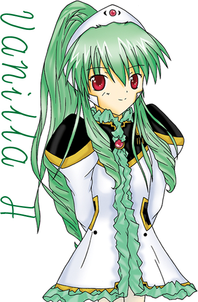 vanilla h, galaxy angel, tagme, 00s, 1girl, character name, female focus, green hair, high ponytail, long hair, looking at viewer, ponytail, red eyes, simple background, solo, white background