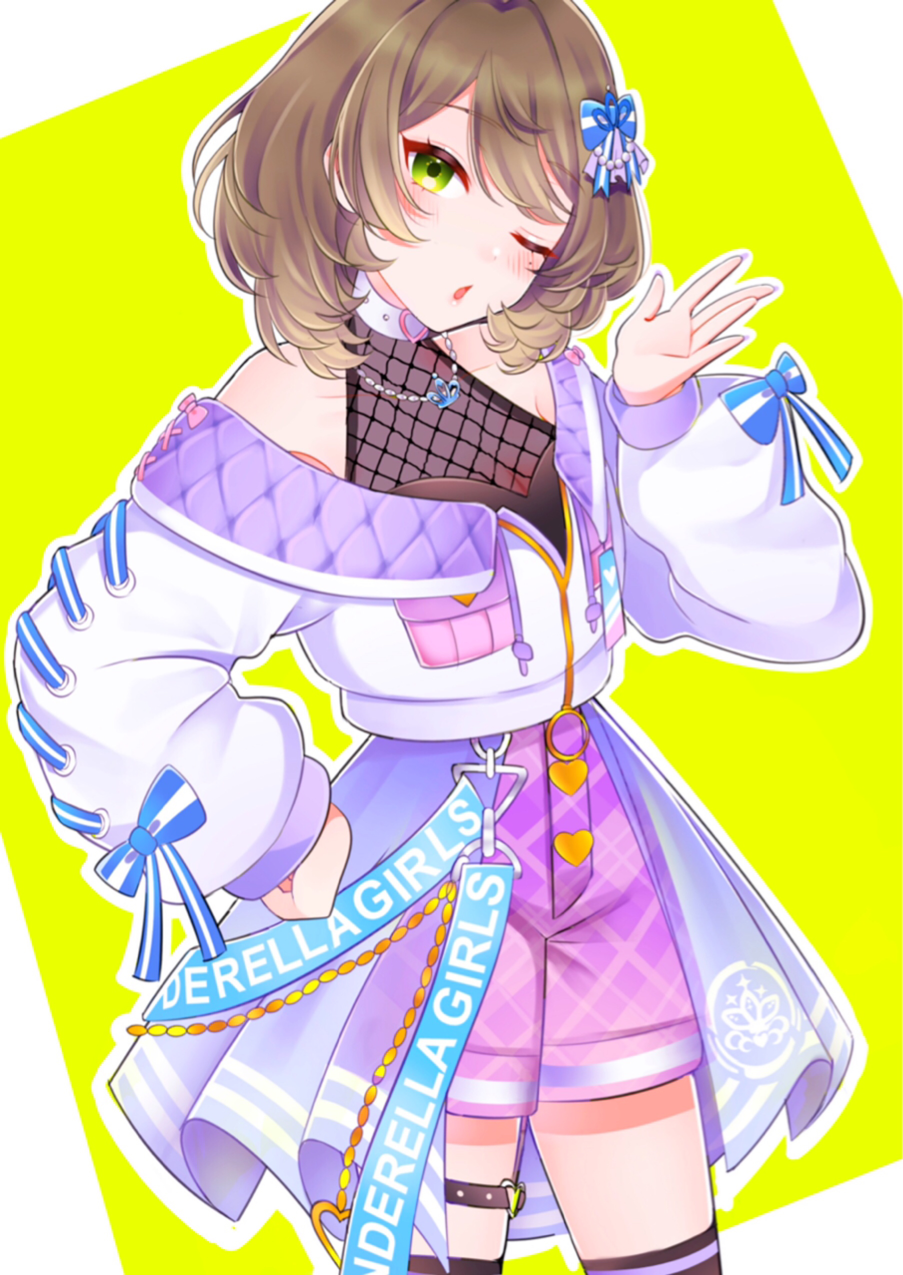 inairego116, takagaki kaede, idolmaster, idolmaster cinderella girls, absurdres, highres, 1girl, belt collar, black thighhighs, blue bow, blush, bow, brown hair, collar, green eyes, hair bow, heart, heart o-ring, high-waist shorts, jacket, jewelry, long sleeves, necklace, o-ring, o-ring thigh strap, one eye closed, open mouth, outline, pink bow, purple shorts, see-through cleavage, see-through clothes, shorts, solo, striped bow, thigh strap, thighhighs, two-tone background, white background, white collar, white jacket, white outline, yellow background