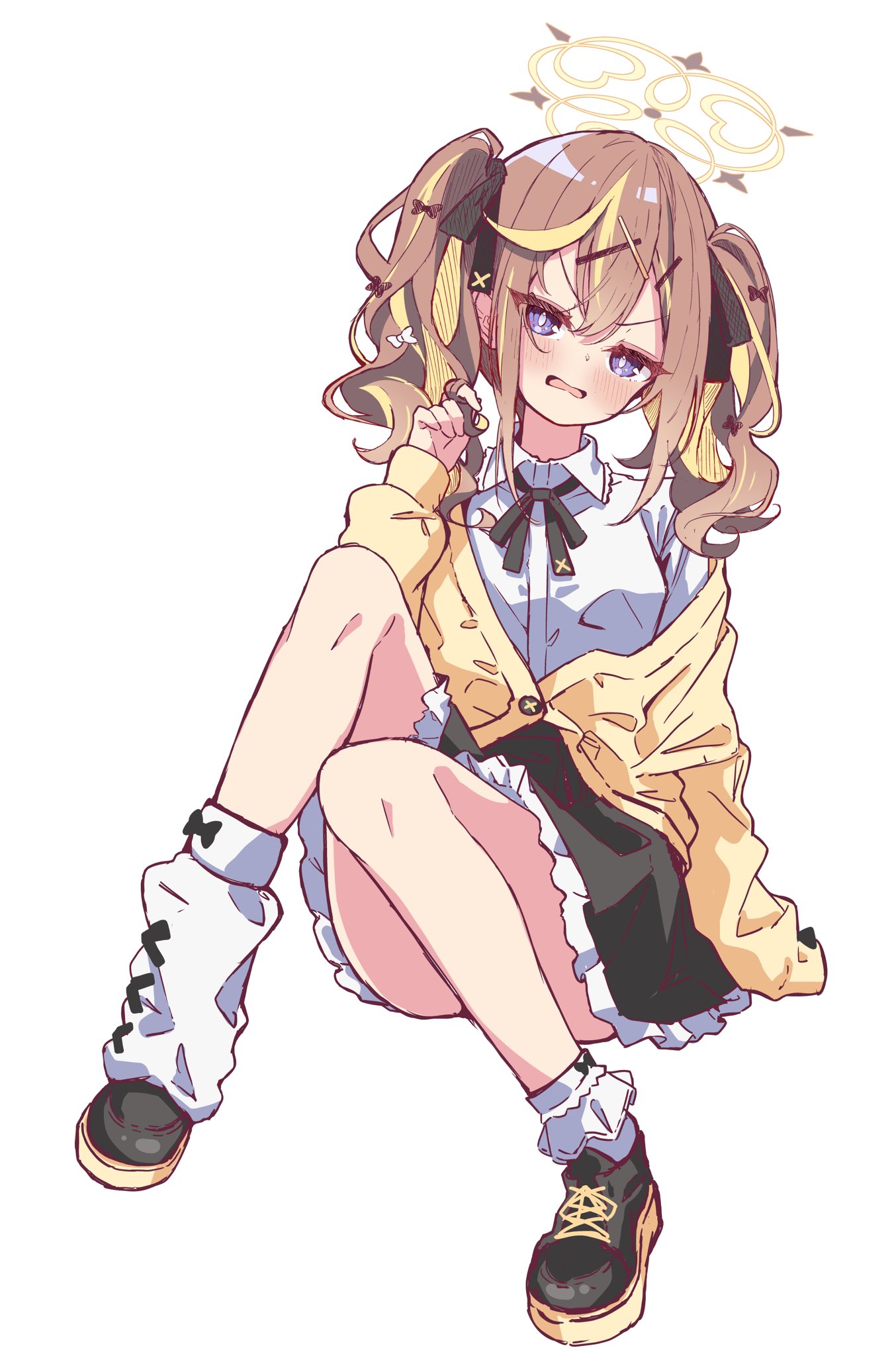 kanikama acedia, rena (blue archive), blue archive, highres, 1girl, black shoes, black skirt, blonde hair, blush, bow, brown hair, collared shirt, embarrassed, frown, hair ornament, halo, long hair, long sleeves, looking at viewer, loose socks, multicolored hair, neck ribbon, open mouth, purple eyes, ribbon, shirt, shoes, simple background, sitting, skirt, socks, solo, streaked hair, twintails, white shirt, white socks, yellow halo