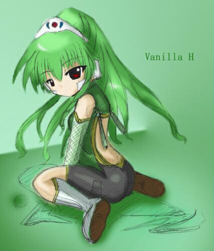 vanilla h, galaxy angel, lowres, tagme, 00s, 1girl, character name, female focus, green hair, high ponytail, long hair, looking at viewer, looking back, ponytail, red eyes, simple background, solo