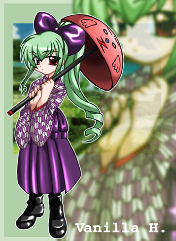 normad, vanilla h, broccoli (company), galaxy angel, lowres, tagme, 00s, 1girl, character name, female focus, green hair, high ponytail, japanese clothes, long hair, looking at viewer, ponytail, red eyes, solo, umbrella, very long hair, zoom layer