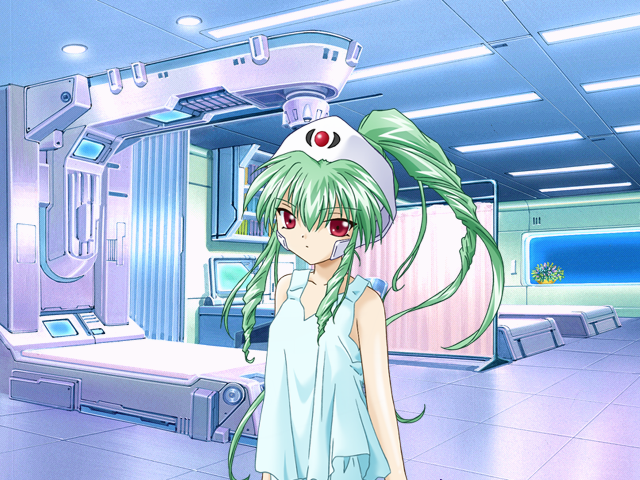 vanilla h, galaxy angel, game cg, tagme, 00s, 1girl, female focus, green hair, red eyes, solo