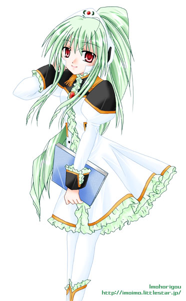 yufuji saeka, vanilla h, galaxy angel, tagme, 00s, 1girl, artist name, female focus, green hair, high ponytail, long hair, ponytail, red eyes, simple background, smile, solo, watermark, web address, white background