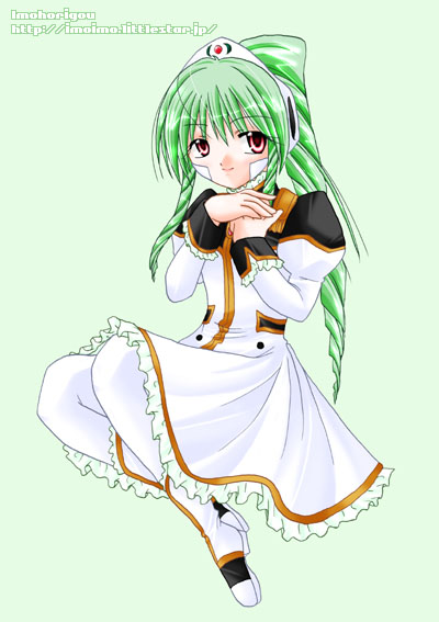 yufuji saeka, vanilla h, galaxy angel, tagme, 00s, 1girl, female focus, green background, green hair, high ponytail, long hair, ponytail, red eyes, simple background, smile, solo, watermark, web address
