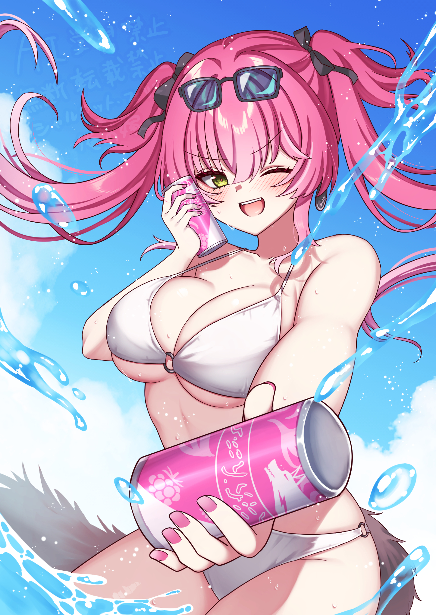 uissu, lupa (wuthering waves), wuthering waves, commentary, highres, 1girl, alternate costume, bare shoulders, bikini, black bow, blue-tinted eyewear, blue sky, blush, bow, breasts, can, collarbone, day, drink can, earrings, eyewear on head, hair bow, halterneck, holding, holding can, incoming gift, jewelry, large breasts, long hair, looking at viewer, nail polish, one eye closed, open mouth, outdoors, pink hair, pink nails, red pupils, sky, smile, solo, stomach, string bikini, sunglasses, swimsuit, tail, thighs, tinted eyewear, twintails, white bikini, wolf tail, yellow eyes