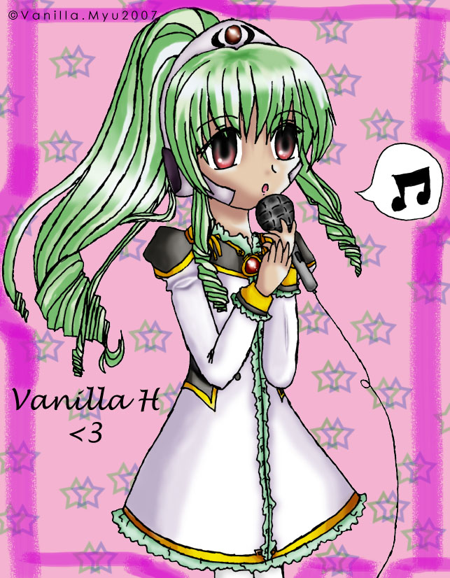 vanilla h, galaxy angel, tagme, 00s, 1girl, character name, female focus, green hair, high ponytail, long hair, microphone, music, musical note, ponytail, poorly drawn, red eyes, simple background, singing, solo, spoken musical note, star (symbol)