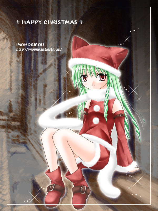 yufuji saeka, vanilla h, galaxy angel, tagme, 00s, 1girl, artist name, boots, christmas, detached sleeves, female focus, fur trim, green hair, light smile, long hair, red eyes, santa costume, scarf, sitting, smile, solo, watermark, web address
