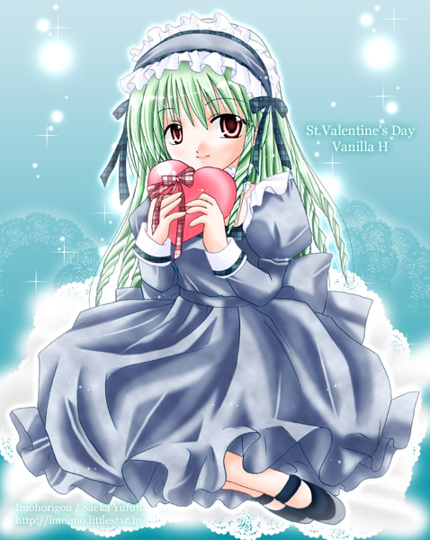 vanilla h, galaxy angel, 00s, 1girl, alternate costume, character name, dress, female focus, green hair, heart, long hair, looking at viewer, puffy sleeves, red eyes, sitting, smile, solo, valentine