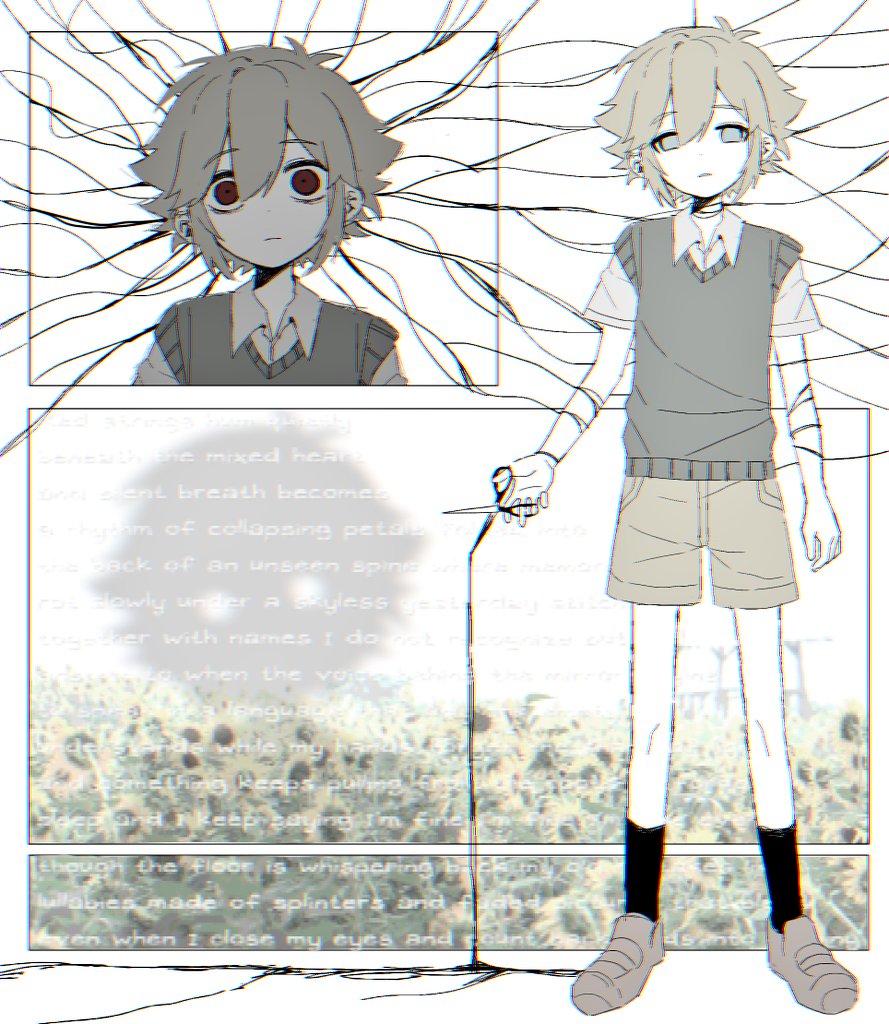 my loleeta, basil (faraway) (omori), basil (omori), something (omori), stranger (omori), omori, revision, spoilers, 2boys, antenna hair, black liquid, black socks, blonde hair, brown shorts, chromatic aberration, closed mouth, collared shirt, colored skin, dot nose, double-parted bangs, empty eyes, english text, flower, grey eyes, grey shoes, grey sweater vest, hair between eyes, head tilt, holding, holding scissors, kneehighs, loafers, looking at viewer, male focus, multiple boys, multiple views, no pupils, parted lips, red eyes, scissors, shirt, shoes, short hair, short sleeves, shorts, simple background, socks, standing, straight-on, sunflower, sweater vest, white background, white shirt, white skin, wide-eyed