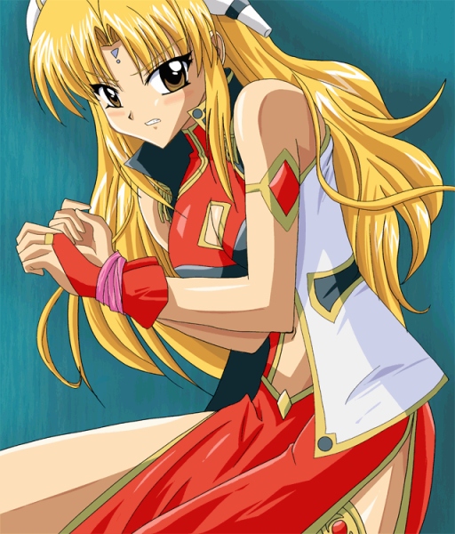 ranpha franboise, galaxy angel, 00s, 1girl, bare legs, bare shoulders, blonde hair, blue background, blush, bound, bound wrists, bracelet, breasts, bridal gauntlets, brown eyes, cleavage cutout, clenched teeth, clothing cutout, dress, facial mark, female focus, forehead mark, gloves, hair ornament, hairclip, impossible clothes, impossible dress, jewelry, large breasts, long hair, looking at viewer, navel cutout, pelvic curtain, side slit, simple background, solo, teeth, thighlet, very long hair