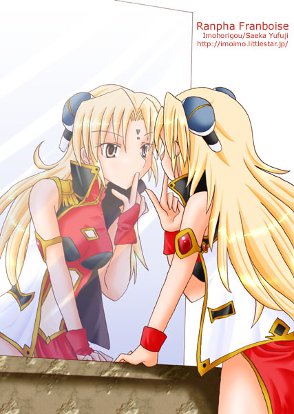 yufuji saeka, ranpha franboise, galaxy angel, tagme, 00s, 1girl, artist name, bare legs, bare shoulders, blonde hair, bracelet, bridal gauntlets, brown eyes, character name, cleavage cutout, clothing cutout, dress, facial mark, female focus, forehead mark, hair ornament, hairclip, jewelry, long hair, looking at mirror, mirror, navel cutout, pelvic curtain, reflection, side slit, solo, watermark, web address