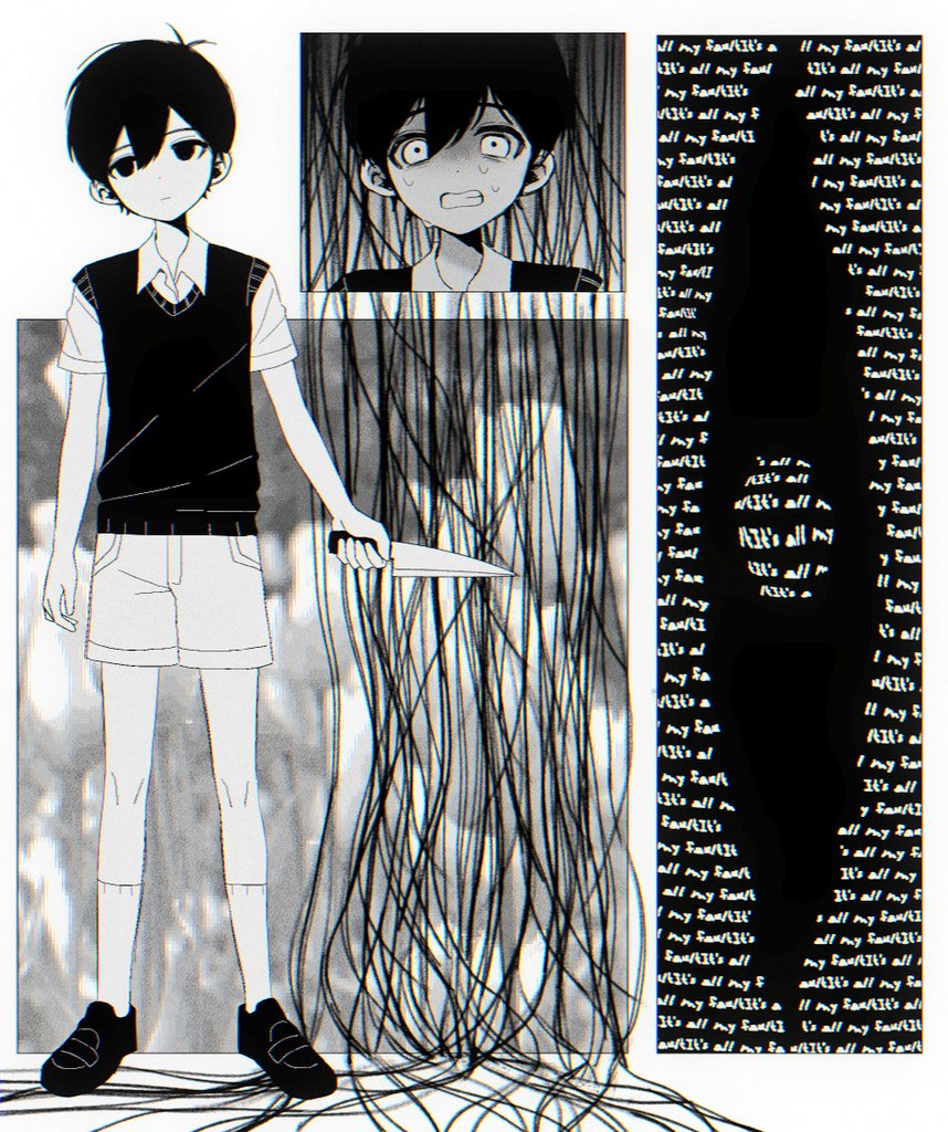 my loleeta, something (omori), sunny (omori), omori, spoilers, 1boy, antenna hair, chromatic aberration, clenched teeth, collared shirt, double-parted bangs, empty eyes, english text, flower, full body, hair behind ear, hair between eyes, head tilt, high contrast, holding, holding knife, kneehighs, knife, loafers, male focus, multiple views, no pupils, official alternate eye color, scared, shaded face, shirt, shoes, short hair, short sleeves, shorts, socks, standing, straight-on, sweat, sweater vest, teeth, tulip