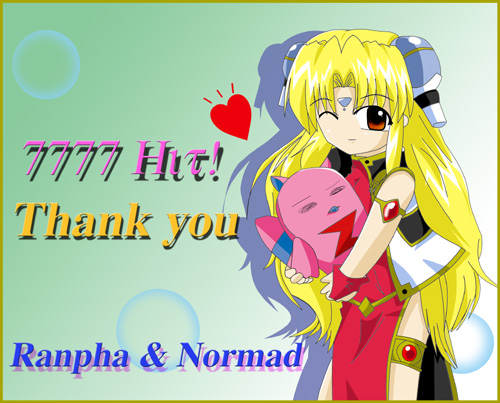 normad, ranpha franboise, galaxy angel, artist request, lowres, 00s, 1girl, bare legs, blonde hair, border, bracelet, brown eyes, carrying, character name, dress, english text, engrish text, facial mark, forehead mark, gloves, hair ornament, hairclip, heart, jewelry, long hair, looking at viewer, one eye closed, ranguage, red eyes, side slit, thighlet, very long hair, wink