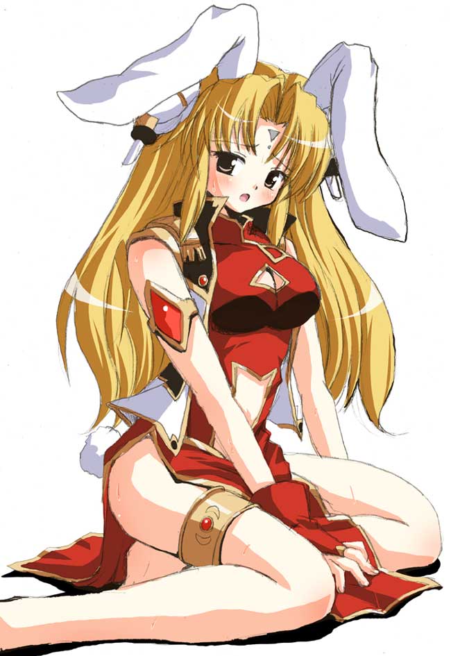 ranpha franboise, galaxy angel, 00s, 1girl, animal ears, bare legs, blonde hair, blush, bracelet, bridal gauntlets, brown eyes, cleavage cutout, clothing cutout, dress, facial mark, female focus, forehead mark, gloves, hair ornament, hairclip, jewelry, long hair, looking at viewer, navel cutout, pelvic curtain, rabbit ears, rabbit tail, side slit, simple background, sitting, solo, sweat, tail, thighlet, white background, yokozuwari