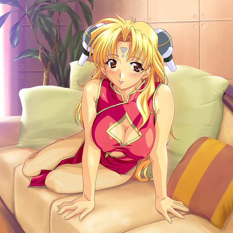 taki minashika, ranpha franboise, yamamoto noriko, broccoli (company), galaxy angel, lovers (game), third-party edit, 1girl, bare shoulders, blonde hair, breasts, brown eyes, china dress, chinese clothes, cleavage, cleavage cutout, clothing cutout, cosplay, covered erect nipples, crossover, dress, facial mark, female focus, forehead mark, large breasts, parody, pelvic curtain, ranpha franboise (cosplay), sleeveless, sleeveless dress, solo