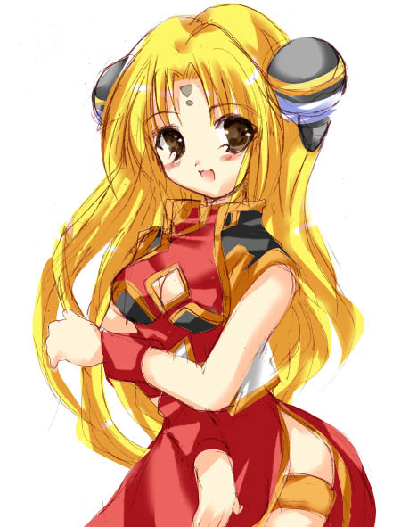 ranpha franboise, galaxy angel, tagme, 00s, 1girl, bare legs, blonde hair, blush, brown eyes, cleavage cutout, clothing cutout, dress, facial mark, female focus, forehead mark, hair ornament, hairclip, impossible clothes, impossible dress, jewelry, long hair, looking at viewer, open mouth, side slit, simple background, smile, solo, thighlet, very long hair