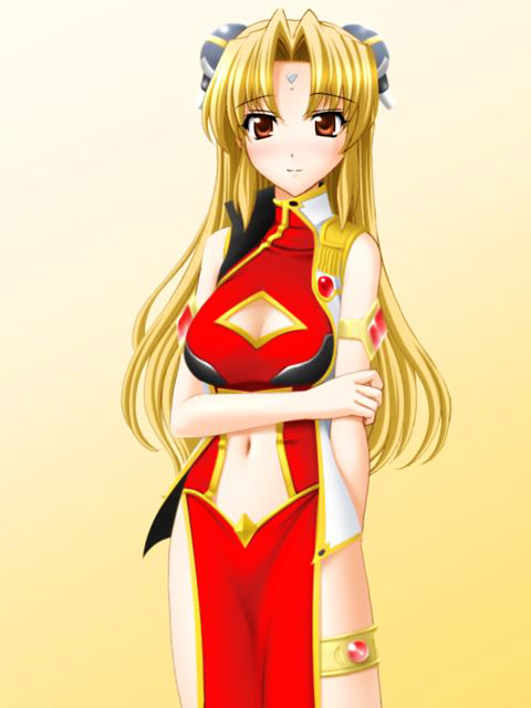 ranpha franboise, galaxy angel, 00s, 1girl, bare legs, blonde hair, bracelet, breasts, brown eyes, cleavage cutout, clothing cutout, dress, facial mark, female focus, forehead mark, gradient background, hair ornament, hairclip, jewelry, large breasts, long hair, looking at viewer, navel cutout, pelvic curtain, side slit, simple background, solo, thighlet, very long hair