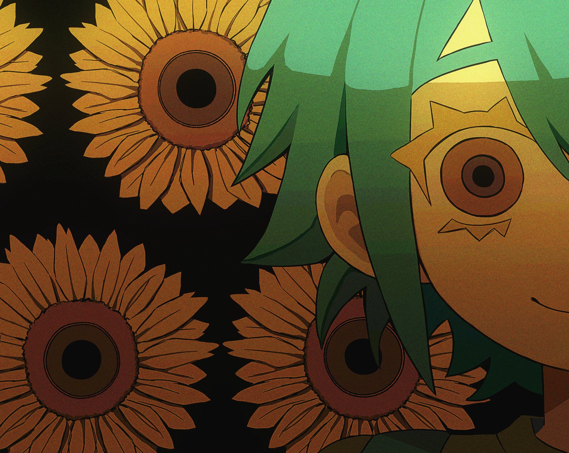 my loleeta, basil (headspace) (omori), basil (omori), omori, highres, revision, 1boy, blue overalls, close-up, closed mouth, flower, green hair, green shirt, male focus, official alternate eye color, overalls, red eyes, shirt, short hair, smile, solo, sunflower, t-shirt, upper body