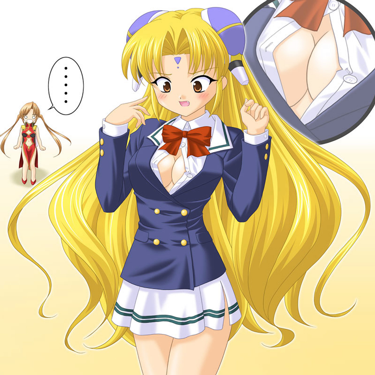 ranpha franboise, broccoli (company), galaxy angel, artist request, character request, …, 00s, 2girls, blonde hair, blush, breasts, brown eyes, china dress, chinese clothes, cleavage, cleavage cutout, clothing cutout, crossover, dress, facial mark, fang, forehead mark, gloves, gradient background, hair ornament, hairclip, long hair, miniskirt, multiple girls, navel cutout, o o, open mouth, pelvic curtain, school uniform, side slit, simple background, skirt, speech bubble, spoken ellipsis, twintails, wardrobe malfunction