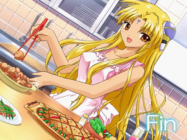 ranpha franboise, galaxy angel, 00s, 1girl, apron, blonde hair, brown eyes, chopsticks, dutch angle, facial mark, female focus, forehead mark, hair ornament, hairclip, indoors, kitchen, long hair, looking at viewer, solo, tile wall, tiles, very long hair