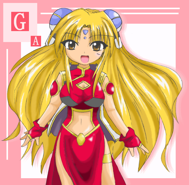 ranpha franboise, galaxy angel, tagme, 00s, 1girl, artist name, bare legs, blonde hair, bracelet, breasts, bridal gauntlets, brown eyes, cleavage cutout, clothing cutout, dress, facial mark, female focus, forehead mark, gloves, hair ornament, hairclip, impossible clothes, impossible dress, jewelry, large breasts, long hair, looking at viewer, navel cutout, open mouth, pelvic curtain, side slit, smile, solo, thighlet, very long hair
