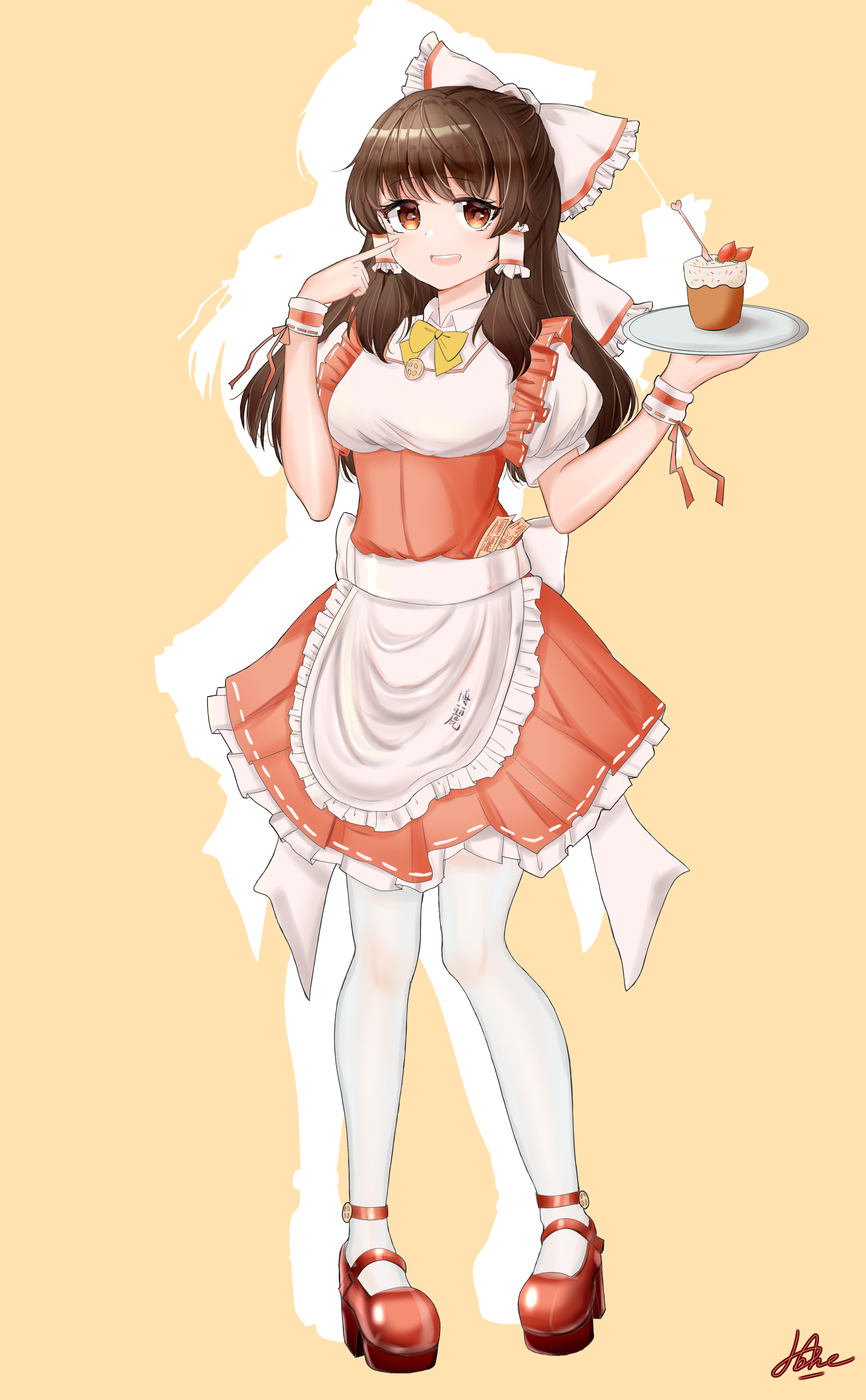 2091966, hakurei reimu, touhou, absurdres, commentary request, food request, highres, translation request, 1girl, :d, alternate costume, apron, boots, bow, bowtie, breasts, brown eyes, brown hair, corset, drop shadow, enmaided, eyelashes, finger to face, food, frilled bow, frilled hair tubes, frilled skirt, frills, hair bow, hair tubes, hands up, high heel boots, high heels, holding, holding food, holding tray, long hair, looking at viewer, maid, miniskirt, open mouth, pantyhose, puffy short sleeves, puffy sleeves, red boots, red corset, red skirt, red wrist cuffs, shirt, short sleeves, signature, simple background, skirt, skirt set, small breasts, smile, solo, teeth, tray, two-tone wrist cuffs, upper teeth only, waist apron, white apron, white bow, white pantyhose, white shirt, white wrist cuffs, wrist cuffs, yellow background, yellow bow, yellow bowtie
