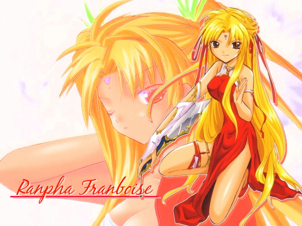 ranpha franboise, galaxy angel, 00s, 1girl, bare legs, bare shoulders, blonde hair, bracelet, brown eyes, character name, dagger, dress, facial mark, female focus, forehead mark, hair ornament, hairclip, jewelry, knife, long hair, looking at viewer, on one knee, one eye closed, red shoes, shoes, side slit, solo, thighlet, very long hair, weapon