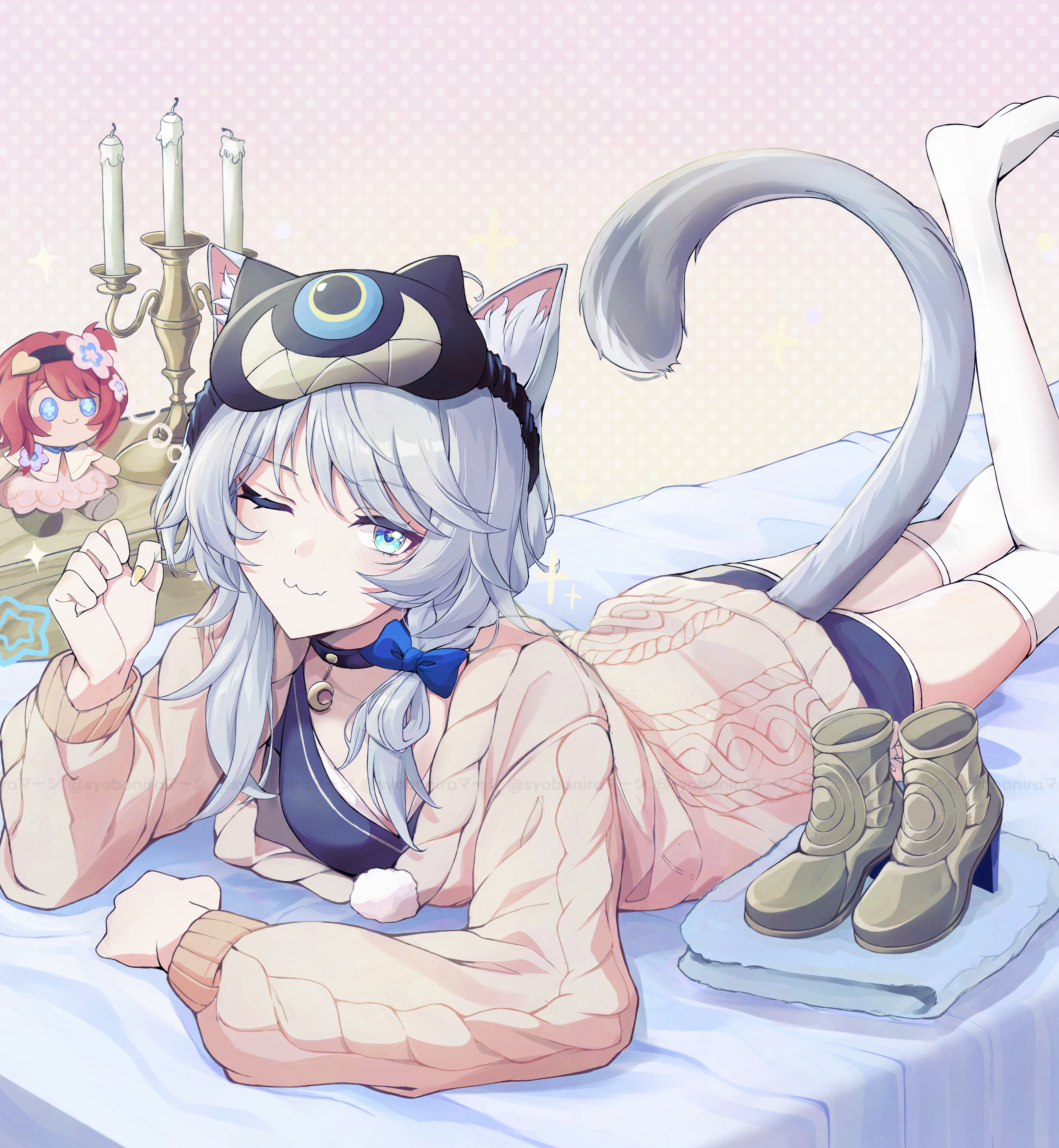 syobonira, cipher (honkai: star rail), honkai: star rail, honkai (series), absurdres, commentary request, highres, 1girl, :3, alternate costume, animal ears, black choker, blue bow, blue eyes, blue shorts, boots, bow, cat ears, cat girl, cat tail, character doll, choker, doll, grey hair, hair bow, long hair, looking at viewer, lying, on stomach, one eye closed, short shorts, shorts, sleep mask, solo, tail, thighhighs, unworn boots, white thighhighs, yellow nails
