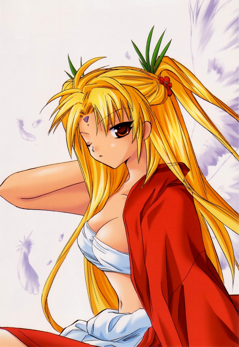 ranpha franboise, galaxy angel, highres, tagme, 00s, 1girl, blonde hair, brown eyes, facial mark, feathers, female focus, forehead mark, japanese clothes, kimono, long hair, looking at viewer, open clothes, sarashi, simple background, solo, white background, wings