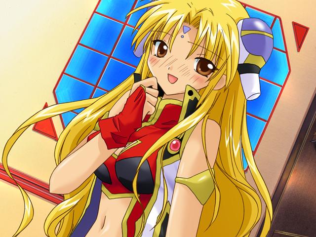 ranpha franboise, galaxy angel, 00s, 1girl, blonde hair, blush, bracelet, bridal gauntlets, brown eyes, cleavage cutout, clothing cutout, dress, dutch angle, facial mark, female focus, forehead mark, gloves, hair ornament, hairclip, indoors, jewelry, long hair, looking at viewer, navel cutout, solo, very long hair