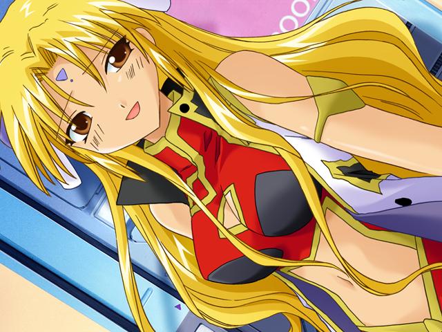ranpha franboise, galaxy angel, 00s, 1girl, blonde hair, bracelet, breasts, brown eyes, cleavage cutout, clothing cutout, dress, dutch angle, facial mark, female focus, forehead mark, indoors, jewelry, large breasts, long hair, looking at viewer, navel cutout, solo, very long hair
