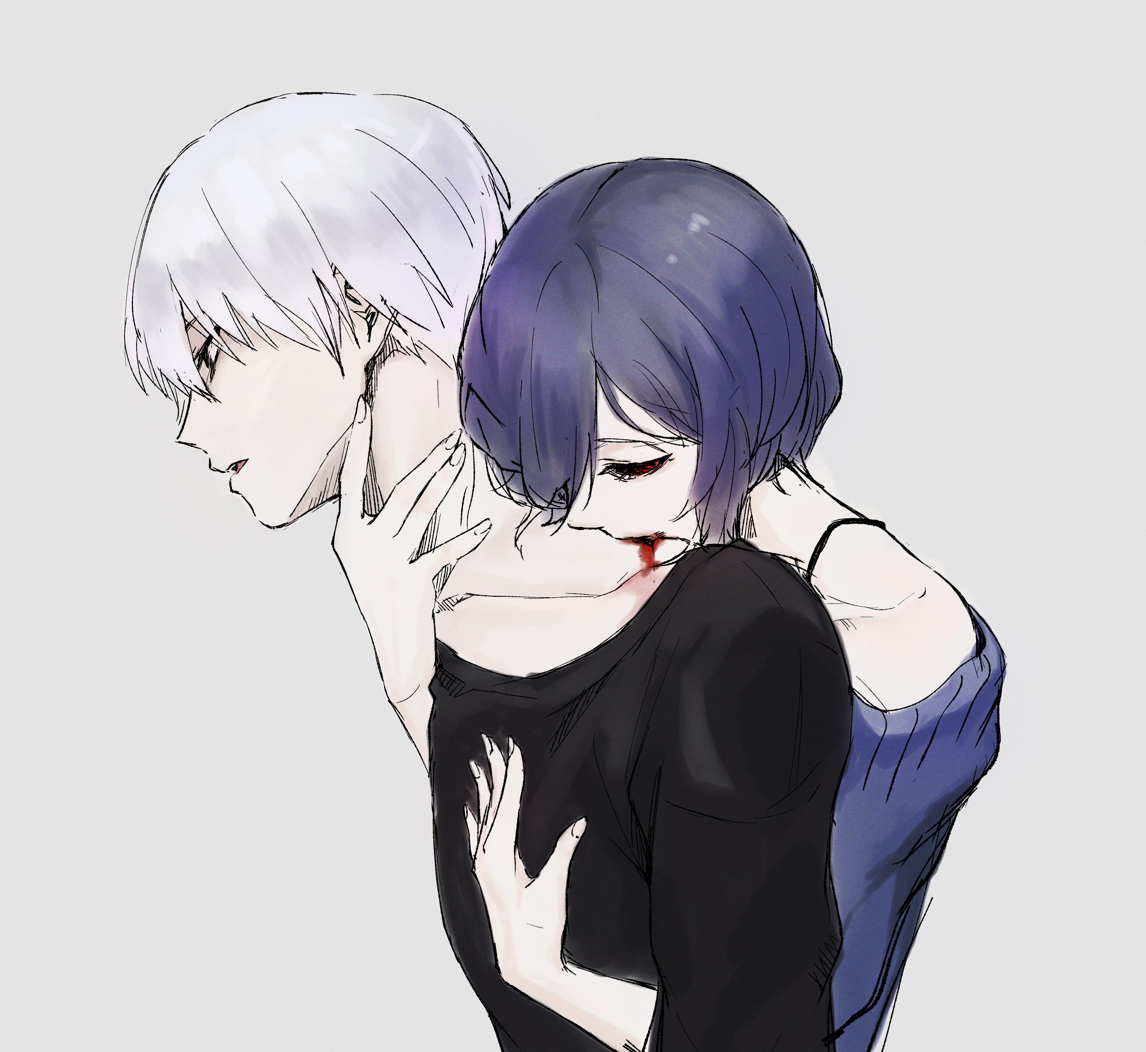 kaneki ken, kirishima touka, tokyo ghoul, highres, 1boy, 1girl, bare shoulders, biting, black shirt, blood, collarbone, grey hair, hands up, long sleeves, min (w xin), shirt, short hair, simple background, upper body