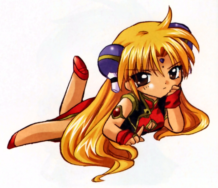 ranpha franboise, galaxy angel, tagme, 00s, 1girl, bare legs, blonde hair, bracelet, brown eyes, chibi, cleavage cutout, clothing cutout, dress, facial mark, female focus, forehead mark, gloves, hair ornament, hairclip, index finger raised, jewelry, leg lift, long hair, looking at viewer, lying, on stomach, red shoes, shoes, side slit, simple background, solo, very long hair, white background