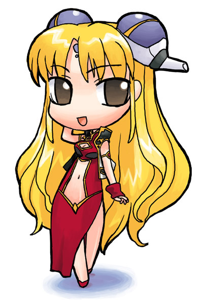 ranpha franboise, galaxy angel, tagme, 00s, 1girl, bare legs, blonde hair, bracelet, bridal gauntlets, brown eyes, chibi, cleavage cutout, clothing cutout, dress, facial mark, female focus, forehead mark, gloves, hair ornament, hairclip, jewelry, long hair, looking at viewer, navel cutout, open mouth, red shoes, shoes, side slit, simple background, smile, solo, very long hair, white background