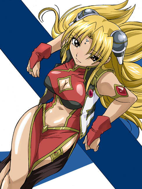 ranpha franboise, galaxy angel, tagme, 00s, 1girl, arm support, bare legs, blonde hair, bracelet, bridal gauntlets, brown eyes, cleavage cutout, clothing cutout, dress, facial mark, female focus, forehead mark, gloves, hair ornament, hairclip, impossible clothes, impossible dress, jewelry, long hair, looking at viewer, navel cutout, pelvic curtain, side slit, solo, thighlet, very long hair