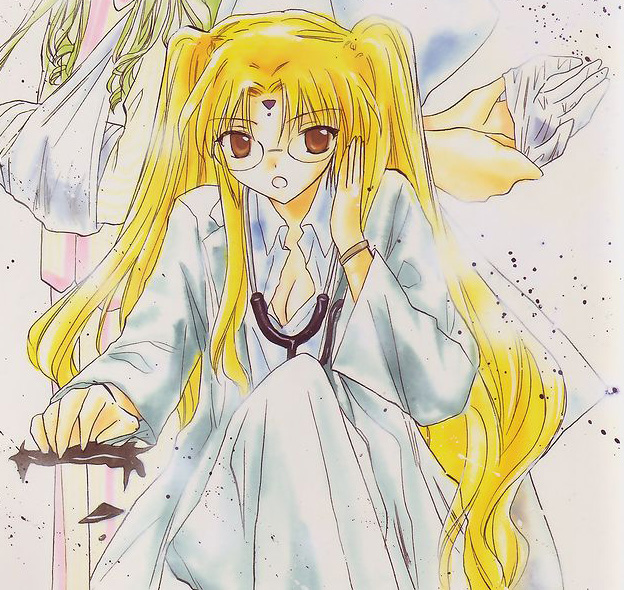 ranpha franboise, galaxy angel, character request, tagme, 00s, 2girls, blonde hair, breasts, brown eyes, cleavage, doctor, facial mark, forehead mark, gloves, long hair, looking at viewer, multiple girls, stethoscope, very long hair
