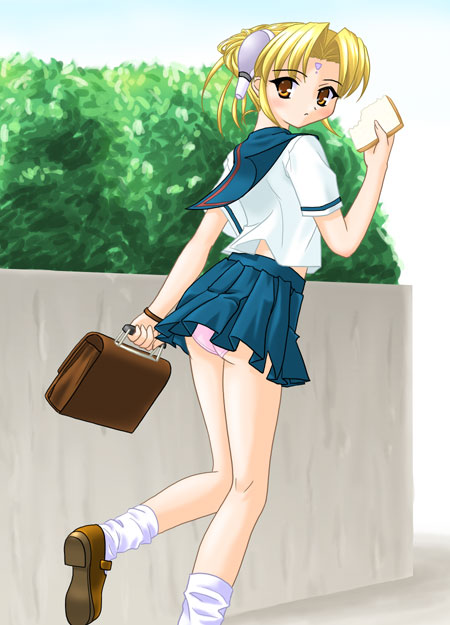 ranpha franboise, galaxy angel, 00s, 1girl, bag, blonde hair, blush, bread, bread slice, brown eyes, female focus, food, late for school, loafers, looking at viewer, looking back, outdoors, panties, pantyshot, school bag, school uniform, serafuku, shoes, short hair, socks, solo, toast, underwear, white socks