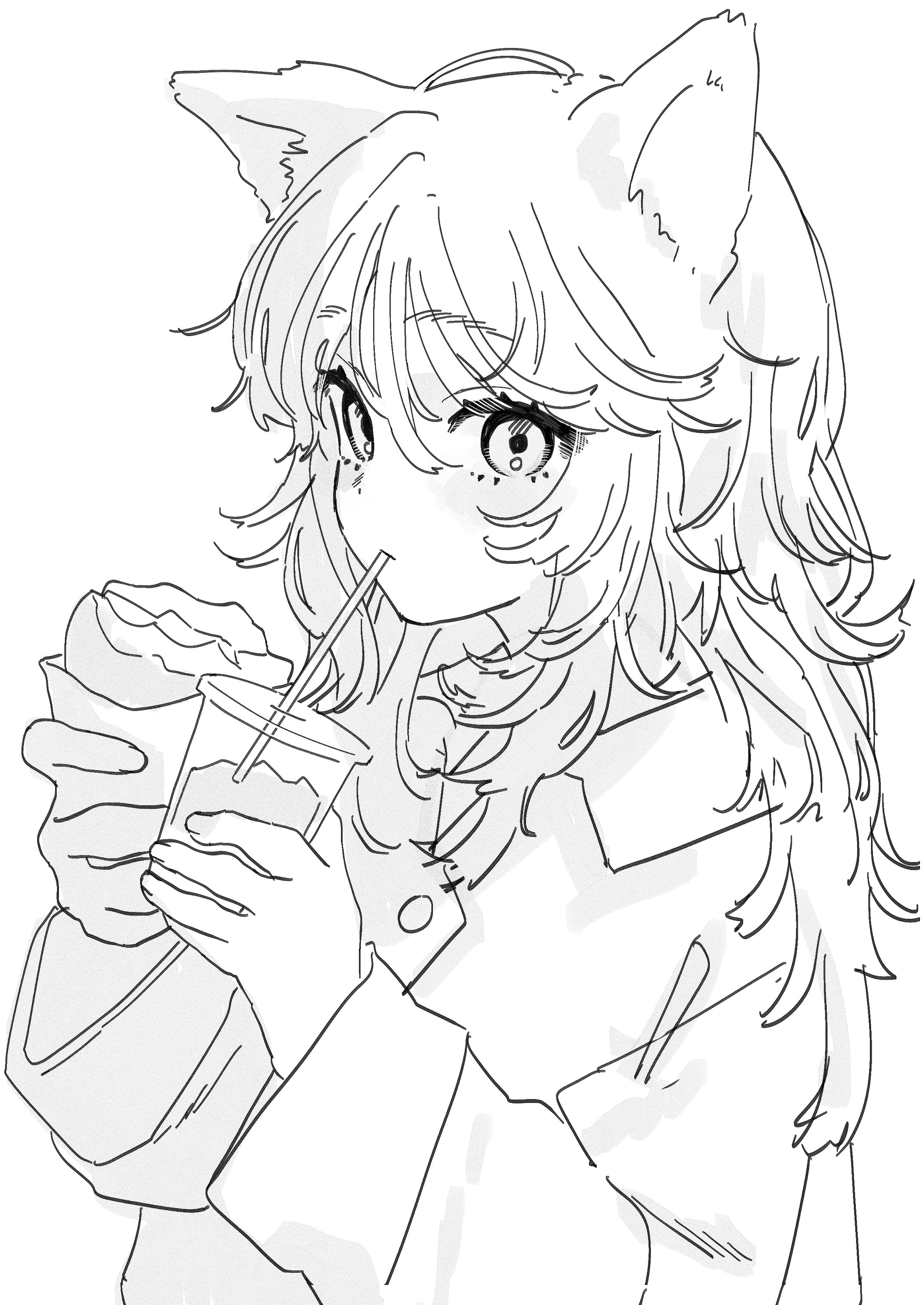 takaya riku, original, absurdres, highres, 1girl, animal ear fluff, animal ears, drinking straw, food, greyscale, long sleeves, looking at viewer, monochrome, solo, upper body, white background