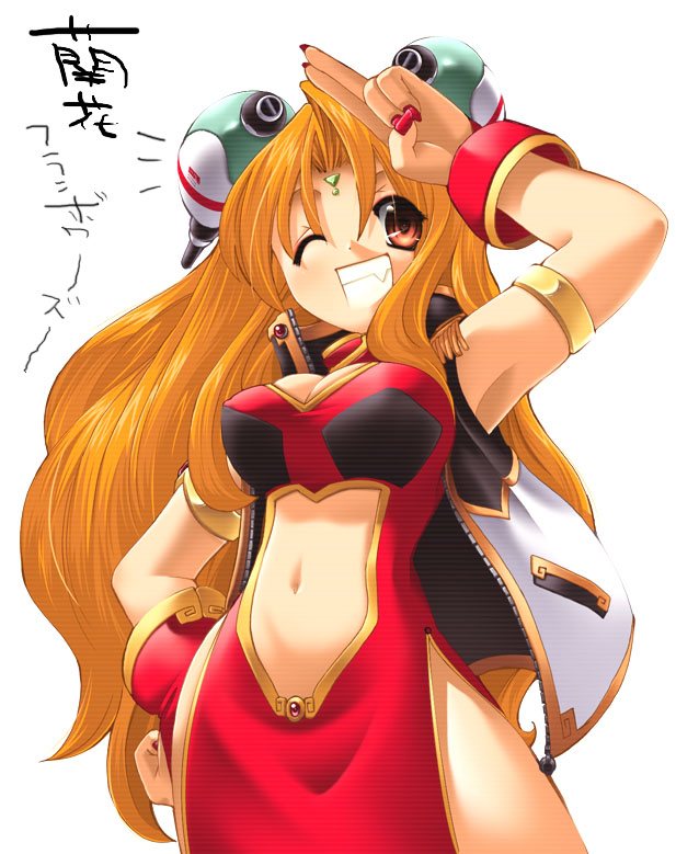 ranpha franboise, galaxy angel, 00s, 1girl, armpits, bare legs, blonde hair, bracelet, bridal gauntlets, brown eyes, character name, cleavage cutout, clothing cutout, dress, facial mark, female focus, forehead mark, gloves, grin, hair ornament, hairclip, hand on own hip, jewelry, long hair, moire, nail polish, navel cutout, one eye closed, pelvic curtain, red nails, salute, side slit, simple background, smile, solo, very long hair, white background, wink