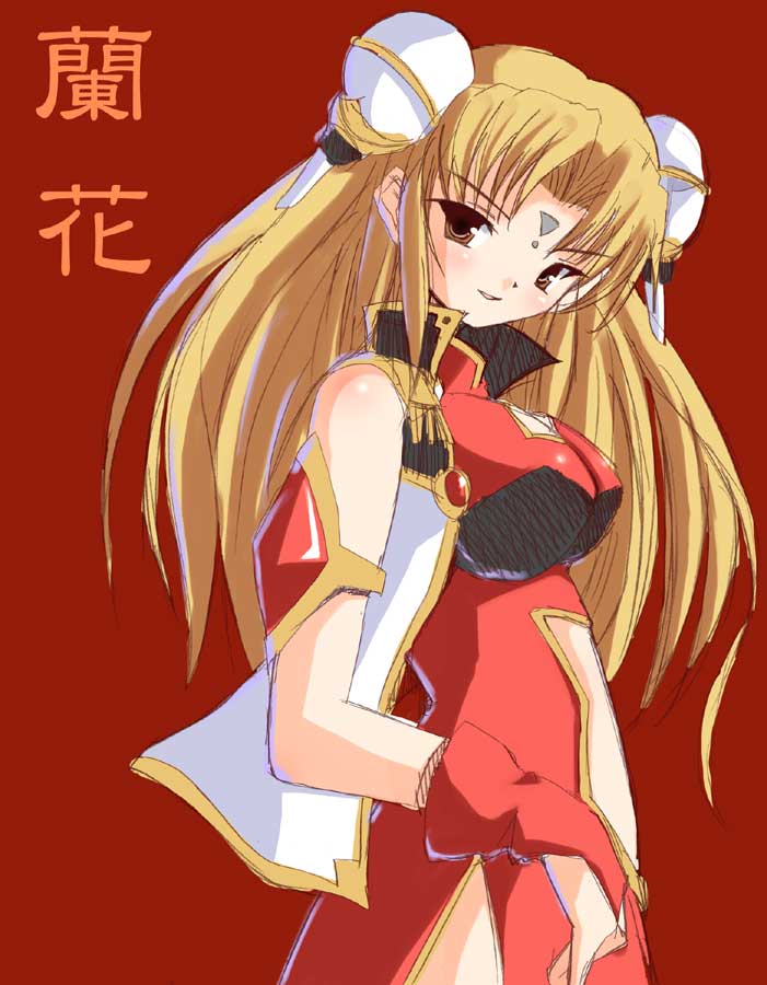 shinshin, ranpha franboise, galaxy angel, jpeg artifacts, non-web source, 00s, 1girl, blonde hair, breasts, brown eyes, character name, china dress, chinese clothes, dress, female focus, long hair, military, military uniform, simple background, solo
