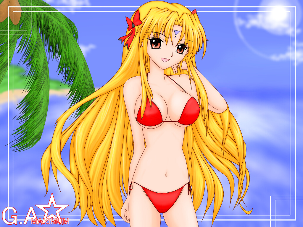 ranpha franboise, galaxy angel, 00s, 1girl, beach, bikini, blonde hair, bow, breasts, brown eyes, cloud, facial mark, female focus, forehead mark, hair bow, large breasts, lens flare, looking at viewer, open mouth, outdoors, side-tie bikini bottom, sky, smile, solo, sun, swimsuit, underboob