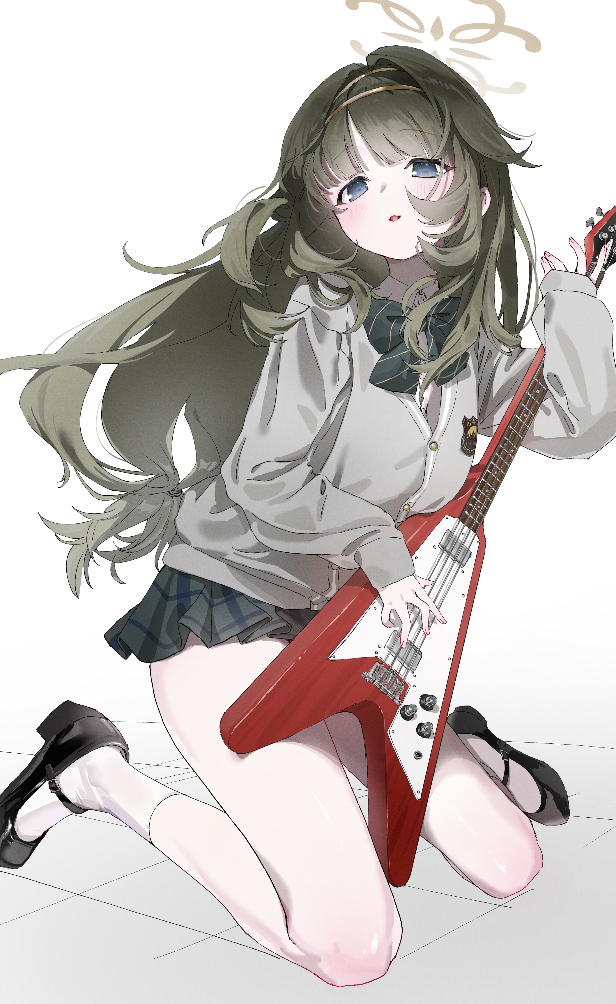 munikomamu, tsumugi (blue archive), blue archive, absurdres, highres, 1girl, bass guitar, black shoes, blue eyes, bow, brown halo, cardigan, diagonal-striped bow, green bow, green hair, green hairband, green skirt, grey cardigan, hairband, halo, holding, holding bass guitar, holding instrument, instrument, long hair, looking at viewer, open mouth, plaid clothes, plaid skirt, shirt, shoes, sidelocks, skirt, socks, solo, striped bow, white shirt, white socks