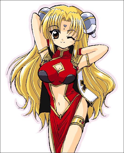 ranpha franboise, galaxy angel, aliasing, tagme, 00s, 1girl, arms behind head, artist name, bare legs, blonde hair, bracelet, breasts, brown eyes, character name, cleavage cutout, clothing cutout, copyright name, dress, facial mark, female focus, forehead mark, hair ornament, hairclip, jewelry, large breasts, long hair, looking at viewer, navel cutout, one eye closed, outline, pelvic curtain, side slit, simple background, smile, solo, thighlet, very long hair, white background, wink