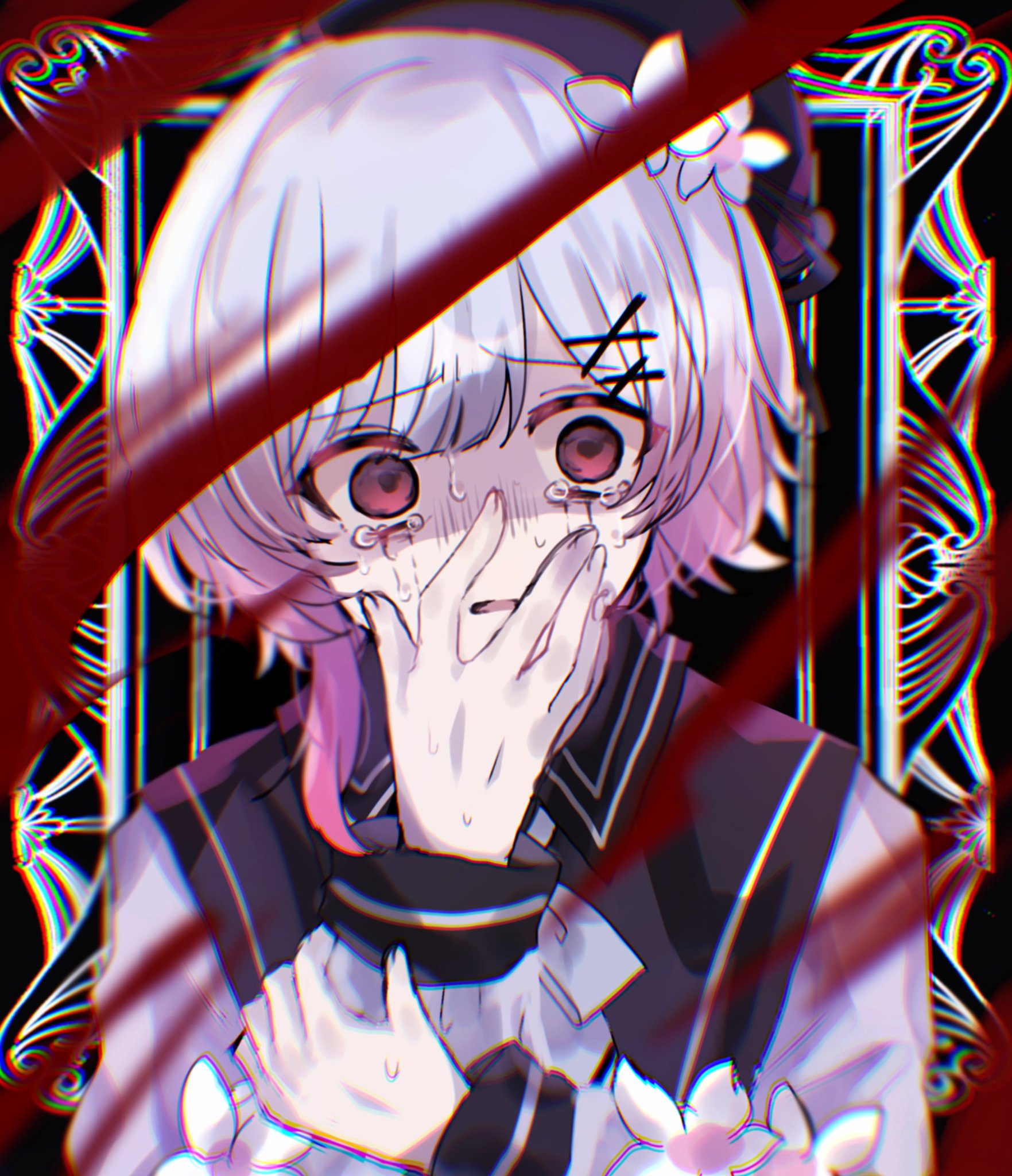 sakuraba ema, mahou shoujo no majo saiban, hashtag-only commentary, highres, 1girl, beret, black dress, black hat, blood, crying, dress, flower, gradient hair, hair ornament, hand on own face, hand on own wrist, hat, hat flower, monochrome background, multicolored hair, parted lips, pink eyes, pink hair, shirt, short hair, solo, sweatdrop, tearing up, two-tone background, white flower, white hair, white shirt, wide-eyed, x hair ornament, yuribatakesaiko