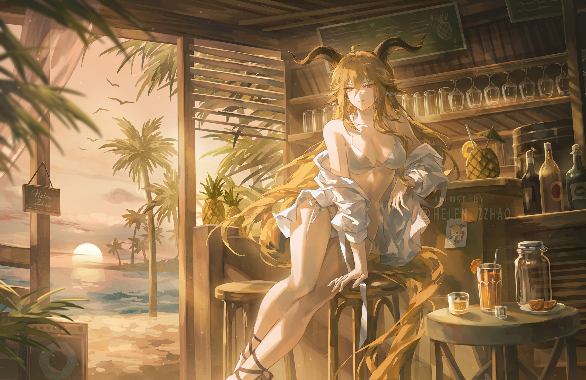 helen zzhao, degenbrecher (arknights), arknights, highres, 1girl, animal ears, bikini, blonde hair, breasts, cabin, closed mouth, crossed bangs, goat ears, goat girl, goat horns, hair between eyes, horns, large breasts, long hair, looking at viewer, ocean, open clothes, open shirt, orange eyes, palm tree, shirt, sidelocks, smile, solo, sunset, swimsuit, tree, white bikini, white shirt
