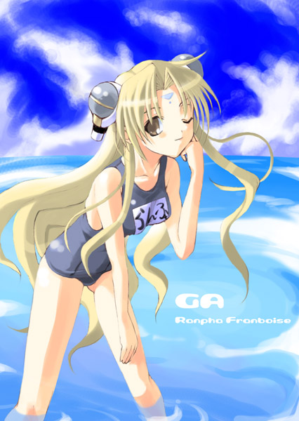 ranpha franboise, galaxy angel, 00s, 1girl, blonde hair, brown eyes, cloud, facial mark, female focus, forehead mark, hair ornament, hairclip, long hair, looking at viewer, ocean, one eye closed, outdoors, school swimsuit, sky, solo, swimsuit, very long hair, wading, wink